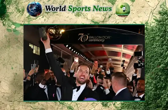 Harry Kane celebrating with fans after winning the 2026 Ballon d'Or