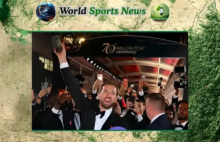 Harry Kane celebrating with fans after winning the 2026 Ballon d'Or